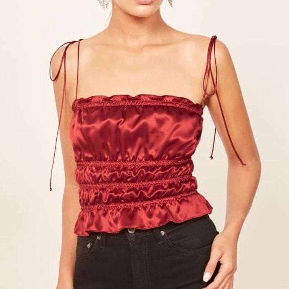 Reformation red silk ruched viviana top